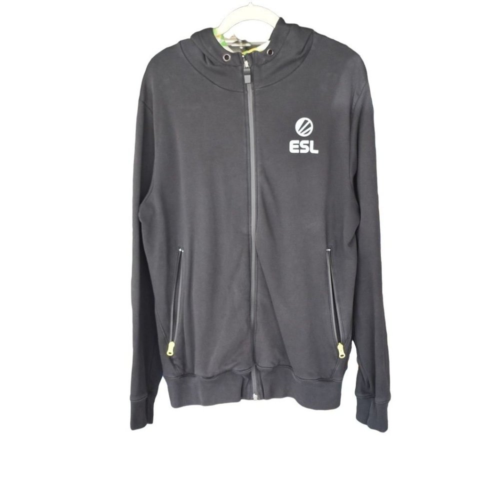 Unisex ESL Gaming Black Zip Up Hoodie W/ Yellow & Green Hood Lining XL